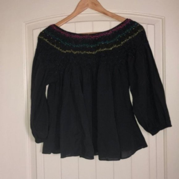 Free People Smocked Blouse Navy Combo NWOT - Picture 5 of 6